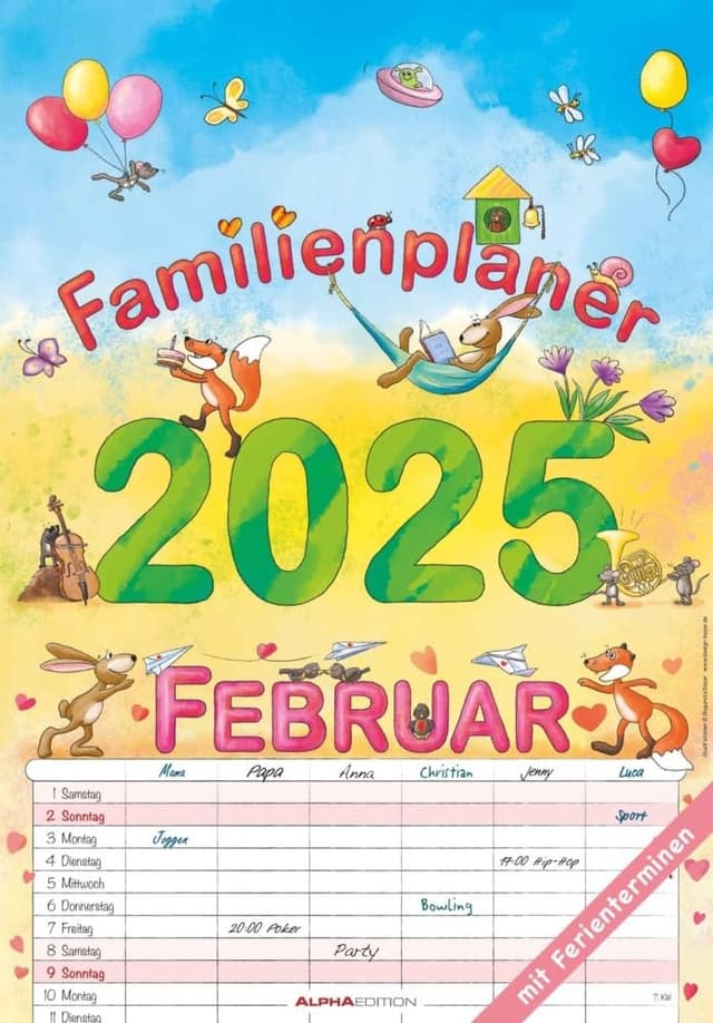 Alpha Edition - Familienplaner Cartoon 2025, 23,7x34cm, Familienkalender mit 6 Spalten und vielen Zusatzinformationen, 1 Monat auf 1 Seite, ... und deutsches Kalendarium: by Silke Leskien