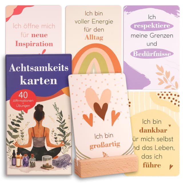40 Achtsamkeitskarten für Erwachsene mit Holzständer, Positive Affirmationen + Übungen , Achtsamkeit Geschenk für Frauen für positive Gedanken, Persönlichkeitsentwicklung, Motivation, Selbstliebe BOHO-Stil