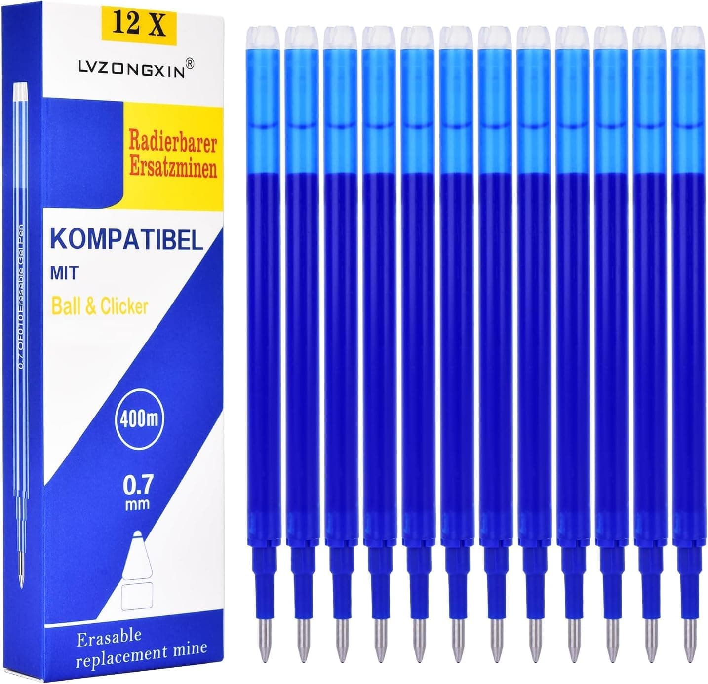 LVZONGXIN Blau Radierbare Ersatzminen, Kompatibel mit Frixion & Eberhard Faber animal erase it, 0,7mm [12er Set], Thermosensible Tinte, 400m Schreiblänge (Blau)