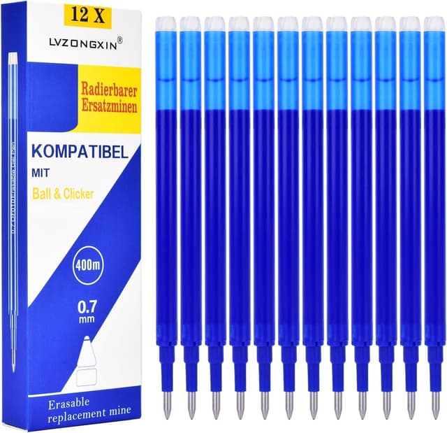 LVZONGXIN Blau Radierbare Ersatzminen, Kompatibel mit Frixion & Eberhard Faber animal erase it, 0,7mm [12er Set], Thermosensible Tinte, 400m Schreiblänge (Blau)