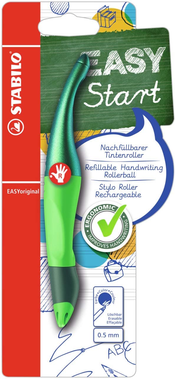 STABILO - Ergonomischer Tintenroller für Rechtshänder - EASYoriginal Holograph Edition in grün - Einzelstift - Schreibfarbe blau (löschbar) - inklusive Patrone