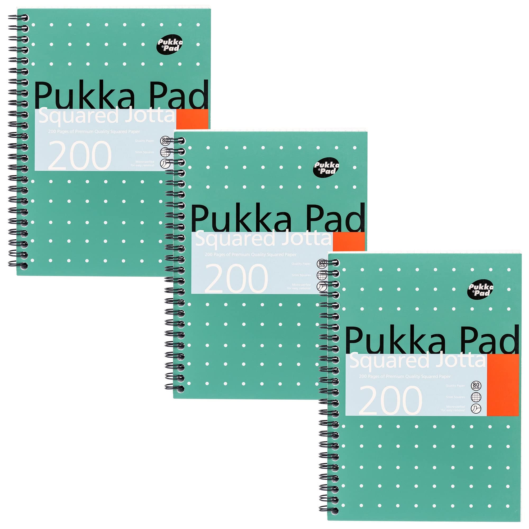 Pukka Pad, karierter Notizbuch im A5-Format, 3er-Pack – 21 x 14,9 cm – Spiralbindung mit 5 mm dicken Kariert auf 80 g/m² weißem Papier mit perforierten Kanten zum einfachen Entfernen – 200 Seiten