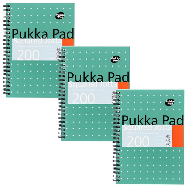 Pukka Pad, karierter Notizbuch im A5-Format, 3er-Pack – 21 x 14,9 cm – Spiralbindung mit 5 mm dicken Kariert auf 80 g/m² weißem Papier mit perforierten Kanten zum einfachen Entfernen – 200 Seiten