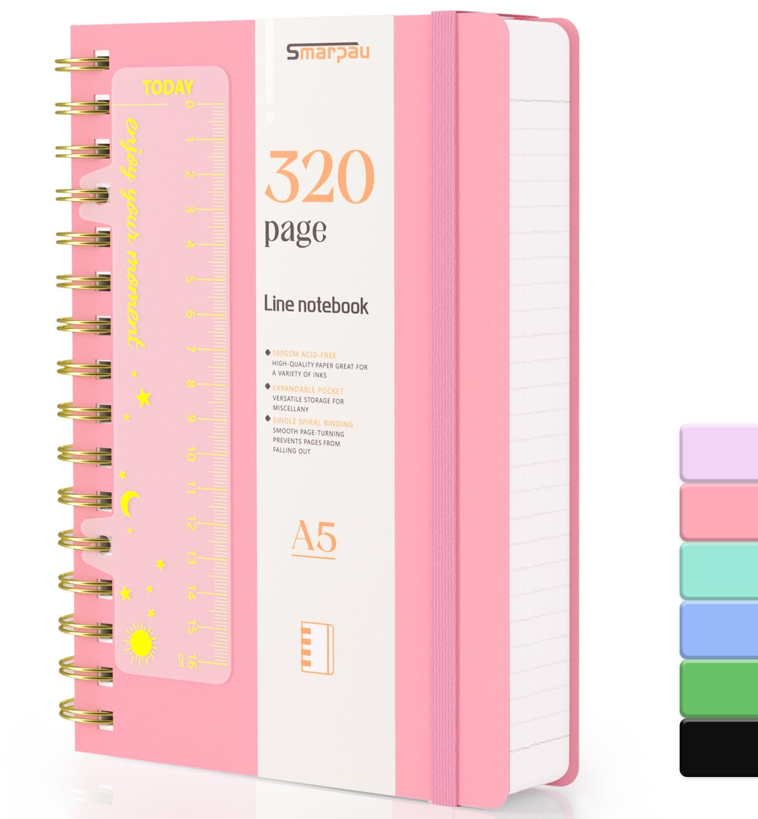 Smarpau A5 Spiral Notizbuch Liniert, Hardcover PVC Notizbuch Ringbuch Notizblock mit 320 Seiten 100gsm Dickes Papier, Lined Journal für Frauen Männer Arbeit Büro Schule Reisen, 14.5 x 21cm-Rosa A5 Rosa