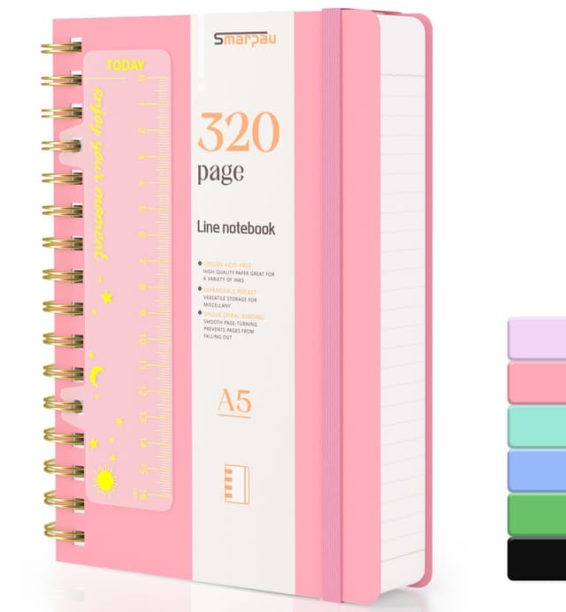 Smarpau A5 Spiral Notizbuch Liniert, Hardcover PVC Notizbuch Ringbuch Notizblock mit 320 Seiten 100gsm Dickes Papier, Lined Journal für Frauen Männer Arbeit Büro Schule Reisen, 14.5 x 21cm-Rosa A5 Rosa