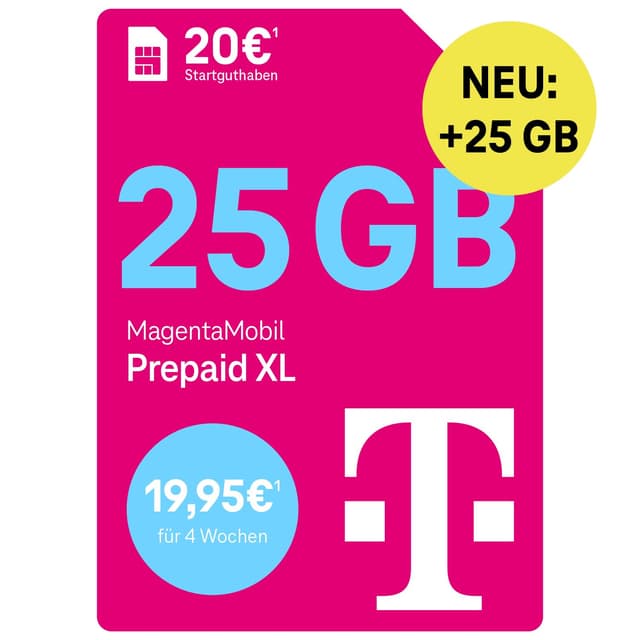 Telekom MagentaMobil Prepaid XL mit 50 GB Highspeed-Volumen | 5G/LTE Max & Allnet Flat in alle dt. Netze | unverbrauchtes Datenvolumen weiter nutzen | EU Roaming & Hotspot Flat | 20 EUR Startguthaben neu