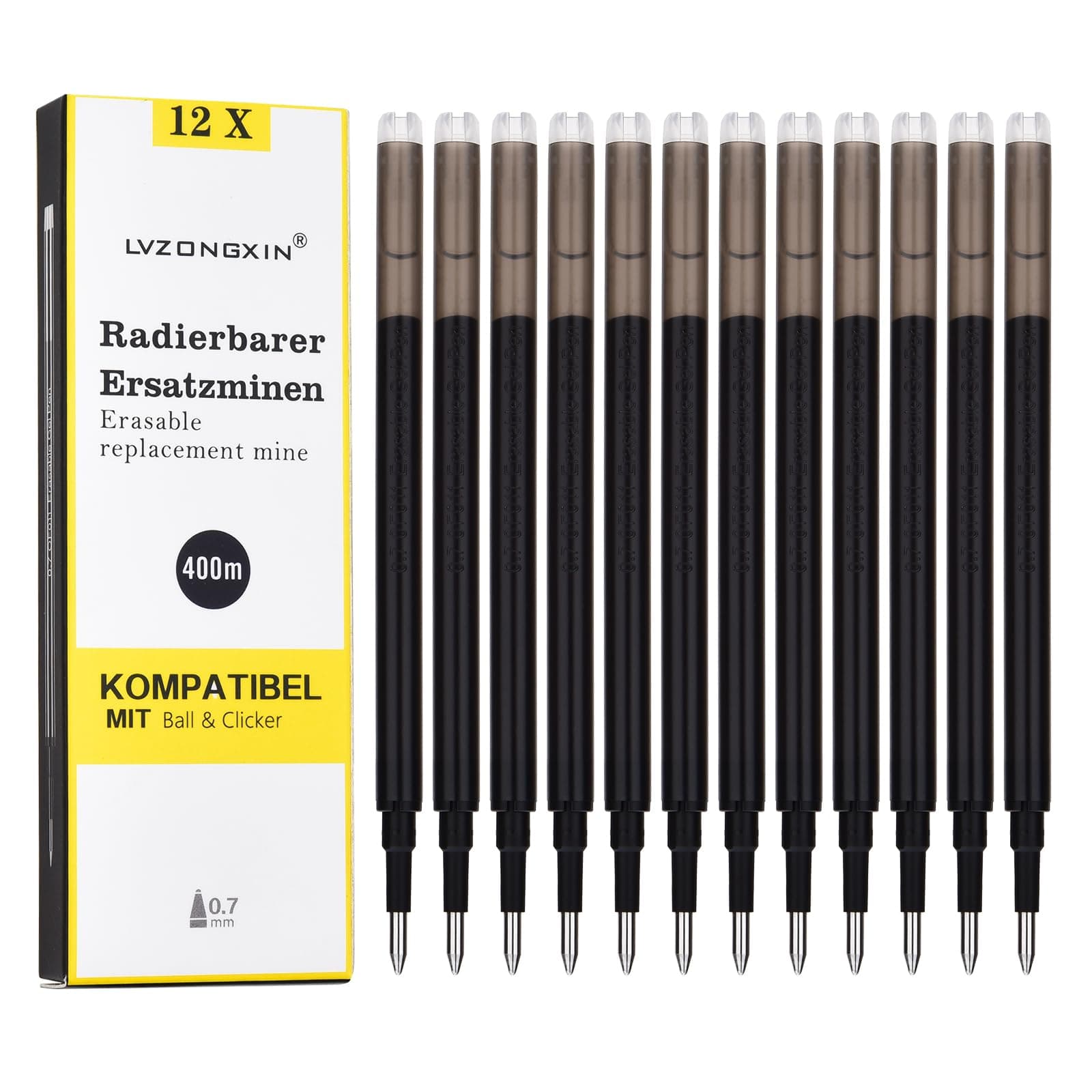 [12 Stück] - LVZONGXIN Radierbare Ersatzmine, Kompatibel mit Pilot FriXion Ball & Clicker & Eberhard Faber, Tintenroller Radierbar, Spitze 0,7 mm, (Schwarz, 12) 12 Schwarz