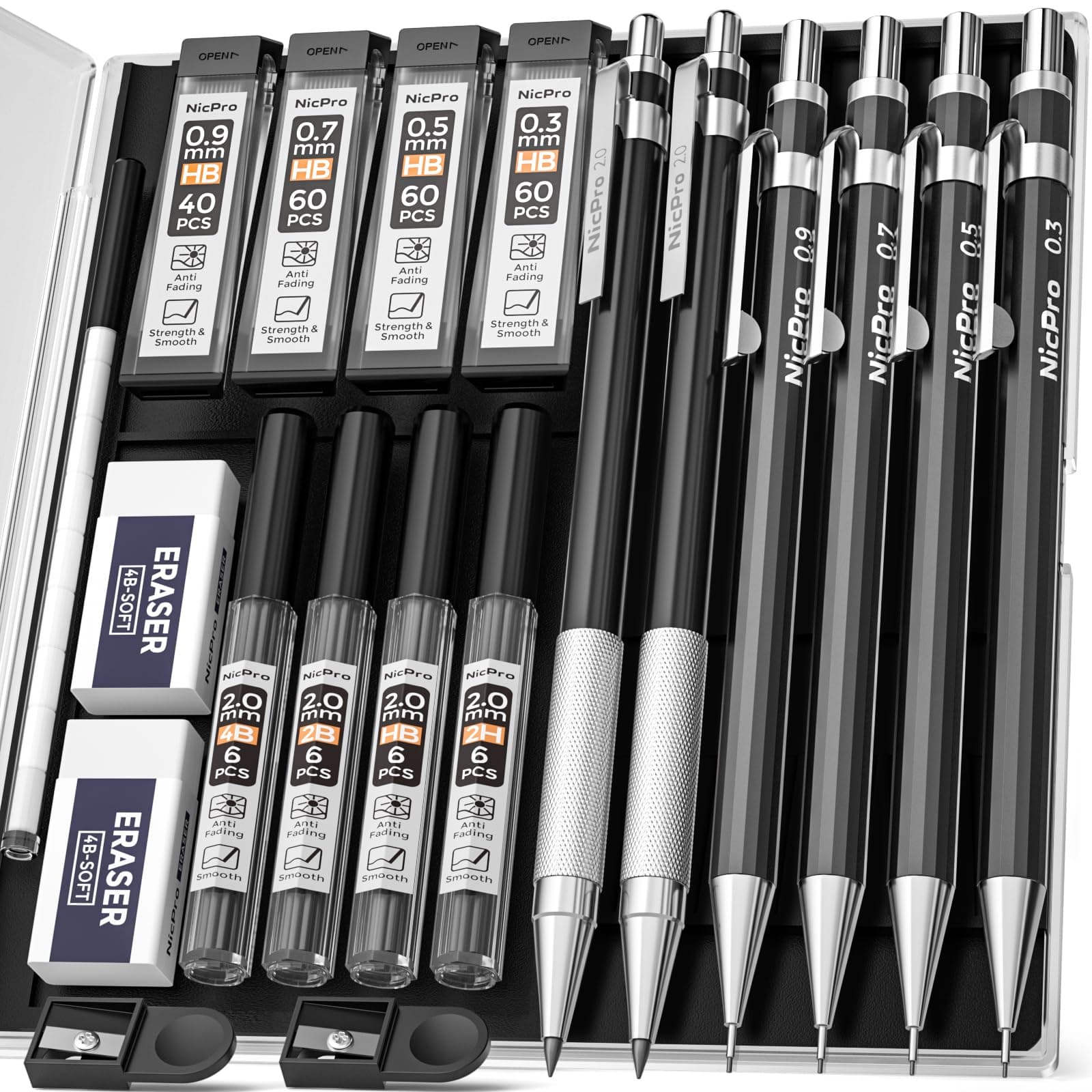 Nicpro 6 Stück Druckbleistifte Set mit Etui, Metall Mechanische Bleistifte 0,3, 0,5, 0,7, 0,9 & 2 mm Fallminenstift mit 8 Röhrchen Bleistiftminen (4B 2B HB 2H), Radiergummis, für Schreiben, Skizzieren Schwarz