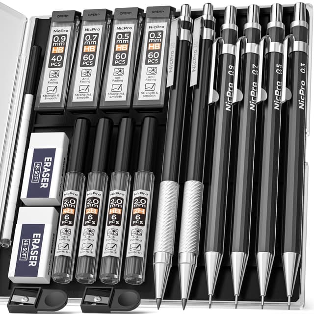 Nicpro 6 Stück Druckbleistifte Set mit Etui, Metall Mechanische Bleistifte 0,3, 0,5, 0,7, 0,9 & 2 mm Fallminenstift mit 8 Röhrchen Bleistiftminen (4B 2B HB 2H), Radiergummis, für Schreiben, Skizzieren Schwarz