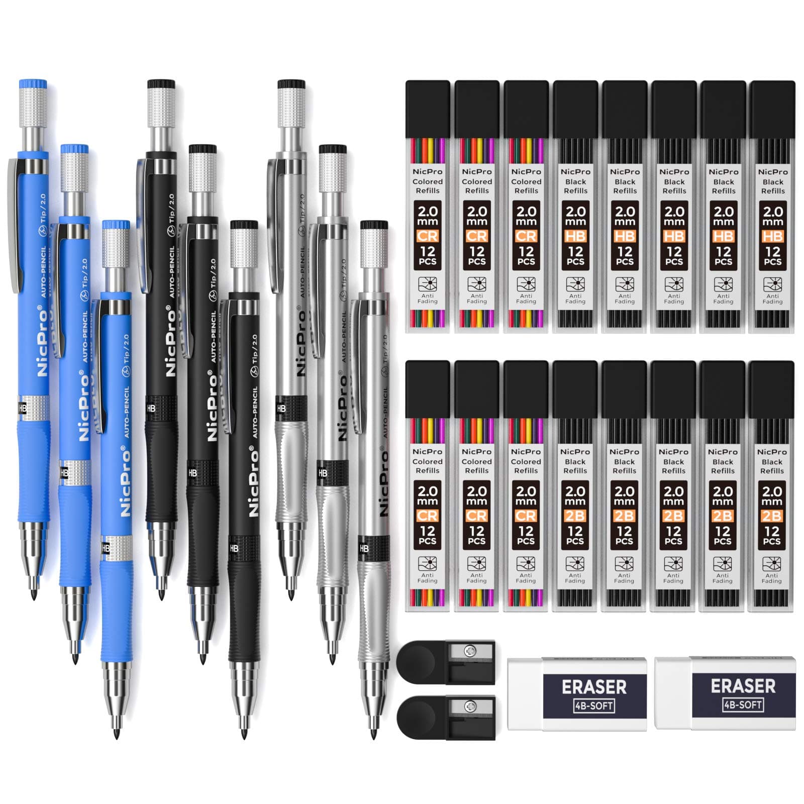 Nicpro 29 Stück 2mm Druckbleistift Set, 3 Stück Fallminenstift 2,0 mm für das Kunstzeichnen, Skizzieren, Konstruktion mit 192 Bleiminen (HB 2B Farben), 2 Radiergummis, 2 Anspitzer Silber Schwarz + Farben