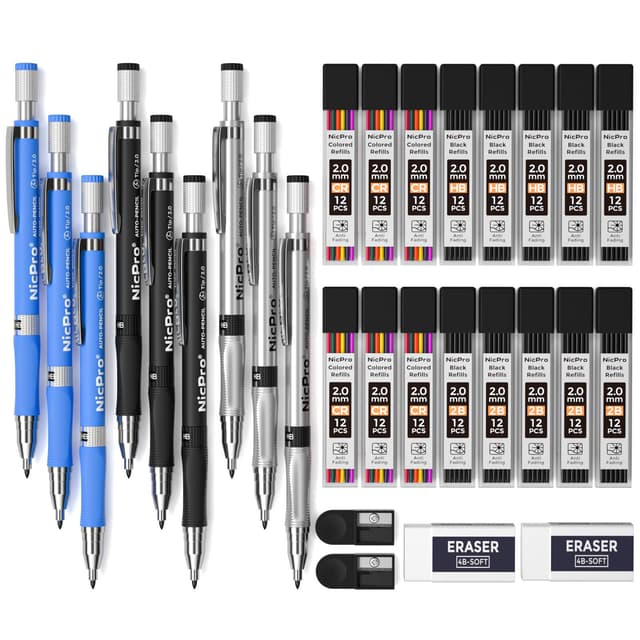 Nicpro 29 Stück 2mm Druckbleistift Set, 3 Stück Fallminenstift 2,0 mm für das Kunstzeichnen, Skizzieren, Konstruktion mit 192 Bleiminen (HB 2B Farben), 2 Radiergummis, 2 Anspitzer Silber Schwarz + Farben