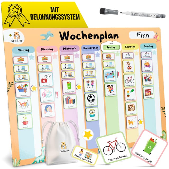 SpielLieb® Montessori Wochenplaner Kinder – Magnettafel 216 Magnete, beschreib- & abwischbar – Wochenplan Kinder ideal für Selbstständigkeit & Organisation – Wochenplaner magnetisch