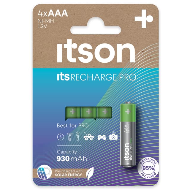 ITSON, Akkus AAA, PRO, 4 Stück, leistungsstarke wiederaufladbare Akkus, Kapazität mit min. 930 mAh, Verpackung 95% recycelt, Made in Japan, am besten für Spielcontroller, Kinderspielzeuge 4 AAA