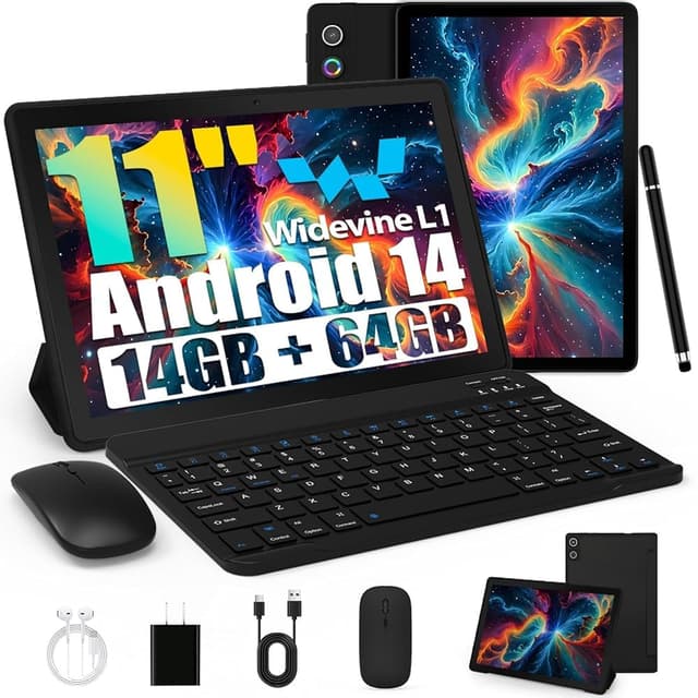 Tablet, Android Tablet 11 Zoll mit 14GB RAM + 64GB ROM (1TB TF), Octa-Core, Widevine L1, WiFi 6 & BT 5.3, 6800mAh Akku, Dual Kamera – Tablet mit Tastatur, Maus, Stift & Hülle Schwarz