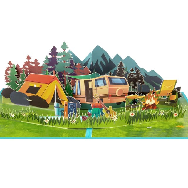 GREETING ART Pop-Up Karte Camping mit Wohnmobil- 3D Geburtstagskarte oder Geldgeschenk für Camper, Lustiges Camping Geschenk für Frauen und Männer, Gutschein für Campingplatz oder Reise