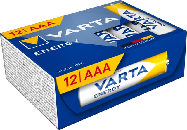 VARTA Batterien AAA, 12 Stück, Energy, Alkaline, 1,5V, Cube, Verpackung zu 90% recycelt, für einfachen Grundbedarf, Made in Germany