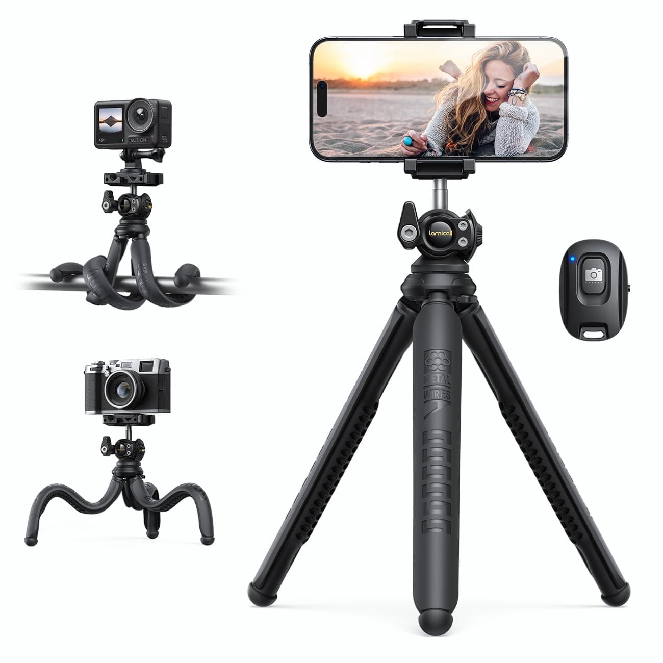 Lamicall Handy Stativ, Mini Stativ Halter - Flexible Handy Halterung Tripod für Smartphone & Kamera, 360° Pocket Tripod mit Kabelloser Fernbedienung, Handystativ für iPhone 16/15/14/13, GoPro, Samsung 3 IN 1 -Schwarz