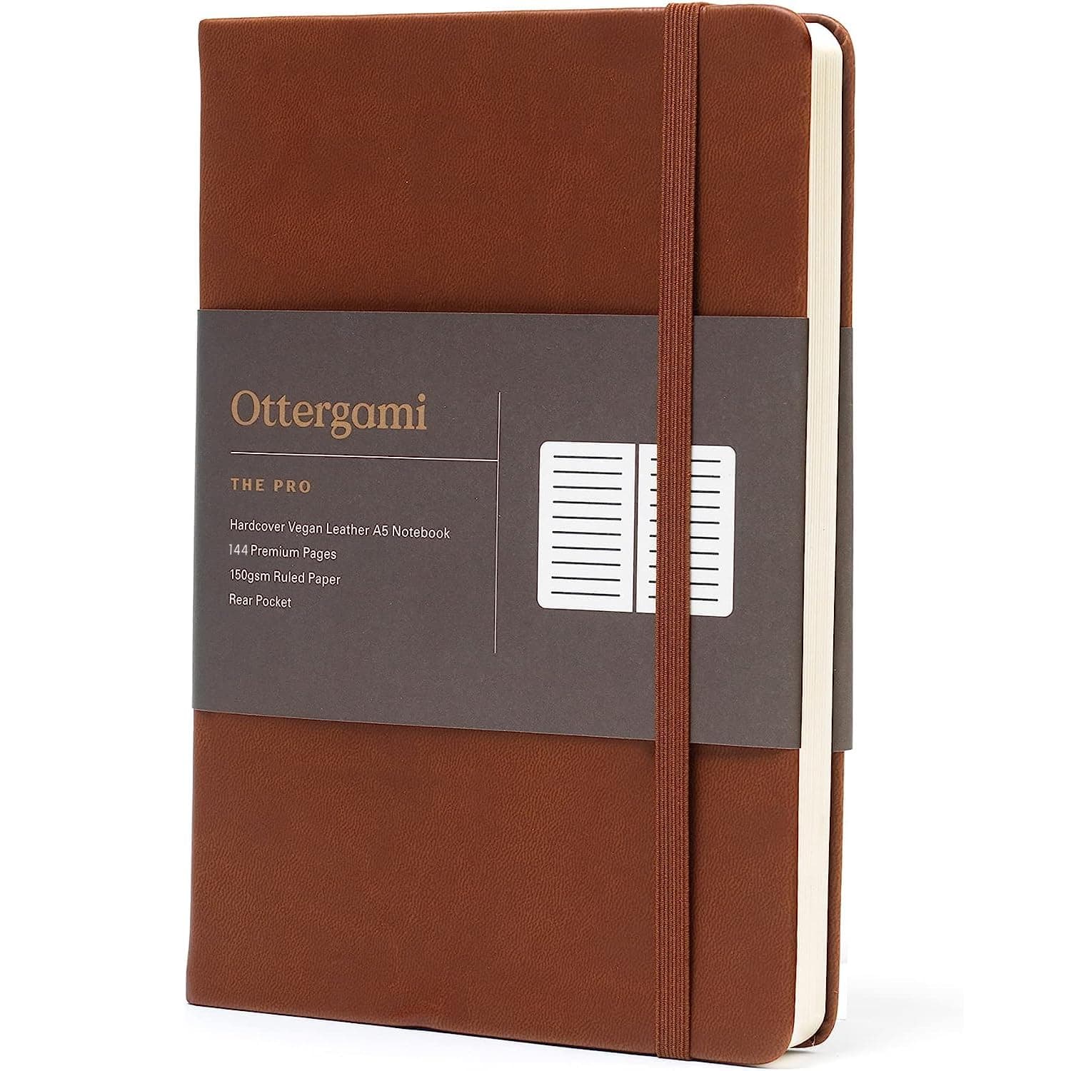 Ottergami Notizbuch A5 Liniert| Luxuriöses-Veganes-Leder Notizbuch/Tagebuch | 150 g/m² Papier | The Pro by (Braun) Lineriert Braun