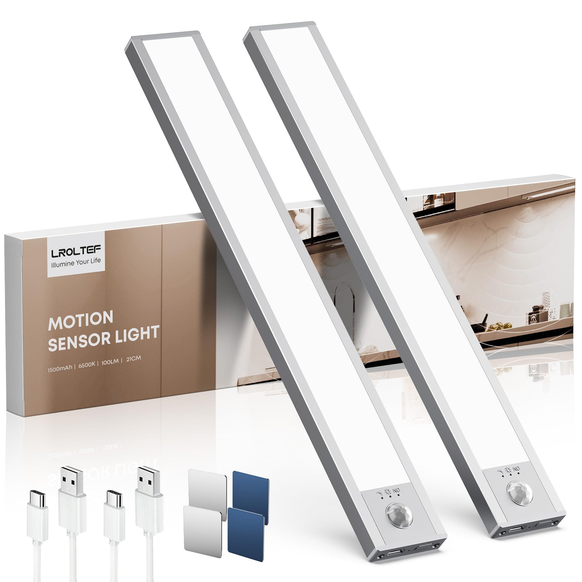 LROLTEF Schrankbeleuchtung Led Lampe mit Bewegungsmelder - 21cm 1500mAh Unterbauleuchte Küche Licht Aufladbar mit Sensor - Dimmbar Schranklicht Treppenlicht - Vitrinenbeleuchtung Magnetische | 2 Stück 6500K 21CM*2