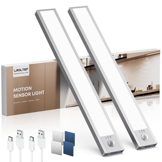 LROLTEF Schrankbeleuchtung Led Lampe mit Bewegungsmelder - 21cm 1500mAh Unterbauleuchte Küche Licht Aufladbar mit Sensor - Dimmbar Schranklicht Treppenlicht - Vitrinenbeleuchtung Magnetische | 2 Stück 6500K 21CM*2
