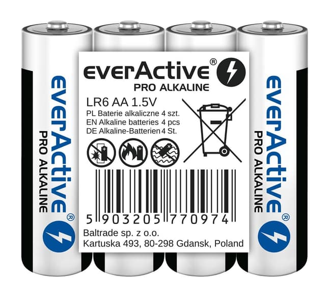 everActive AA Batterien 4er Pack, Pro Alkaline, Mignon LR6 R6 1.5V, höchster Leistung, 10 Jahre Haltbarkeit, 4 Stück 4 Stück AA/LR06