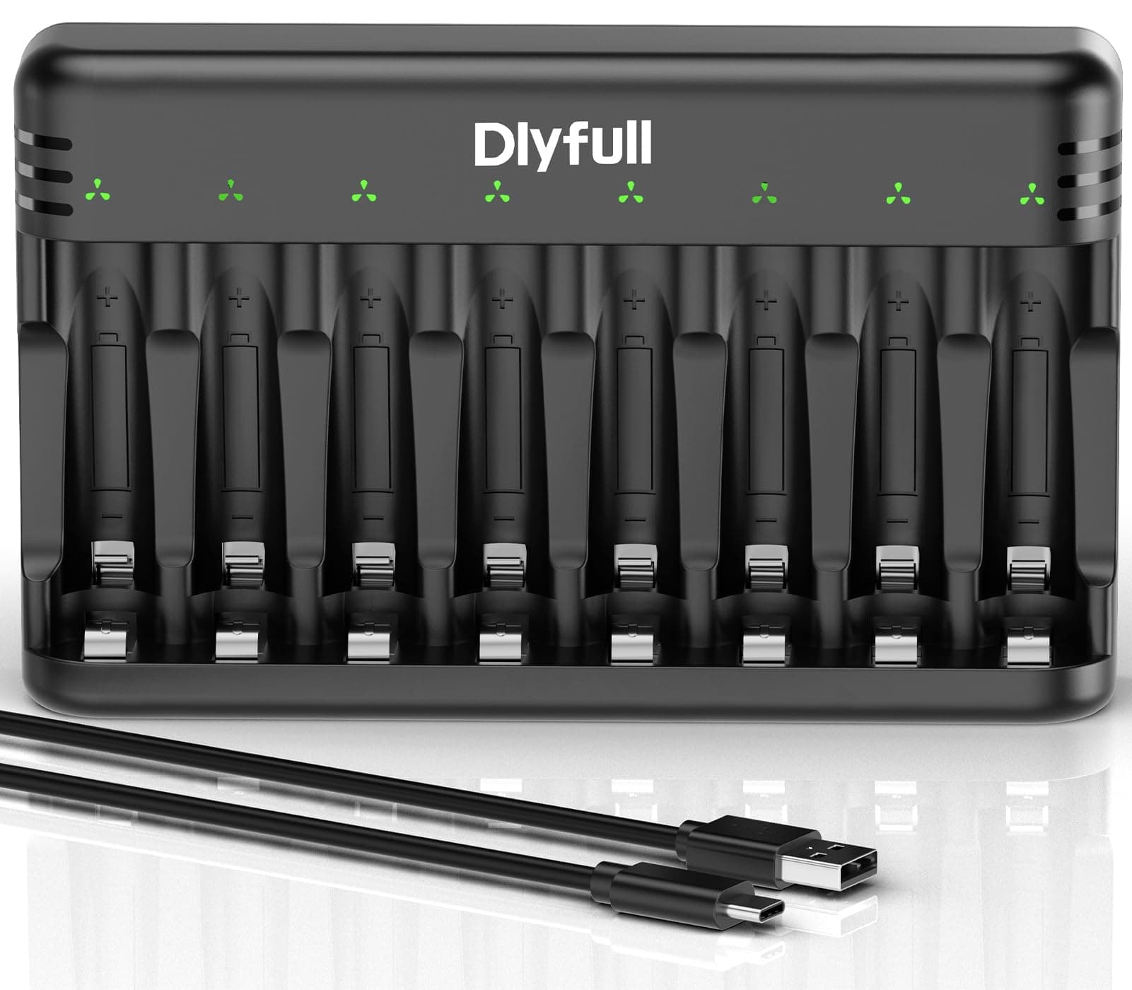 Dlyfull Ladegerät Batterien AAA AA, 8 Fach Akku Ladegerät für NI-MH/NI-CD Mignon AA und Micro AAA mit LED Anzeige, 5V/2A USB-C Schnell Batterieladegerät für Wiederaufladbaren Batterien (Schwarz)