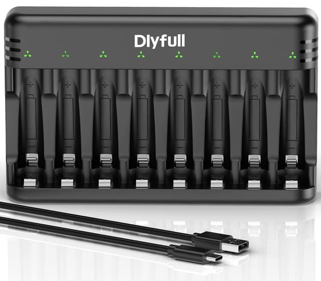 Dlyfull Ladegerät Batterien AAA AA, 8 Fach Akku Ladegerät für NI-MH/NI-CD Mignon AA und Micro AAA mit LED Anzeige, 5V/2A USB-C Schnell Batterieladegerät für Wiederaufladbaren Batterien (Schwarz)