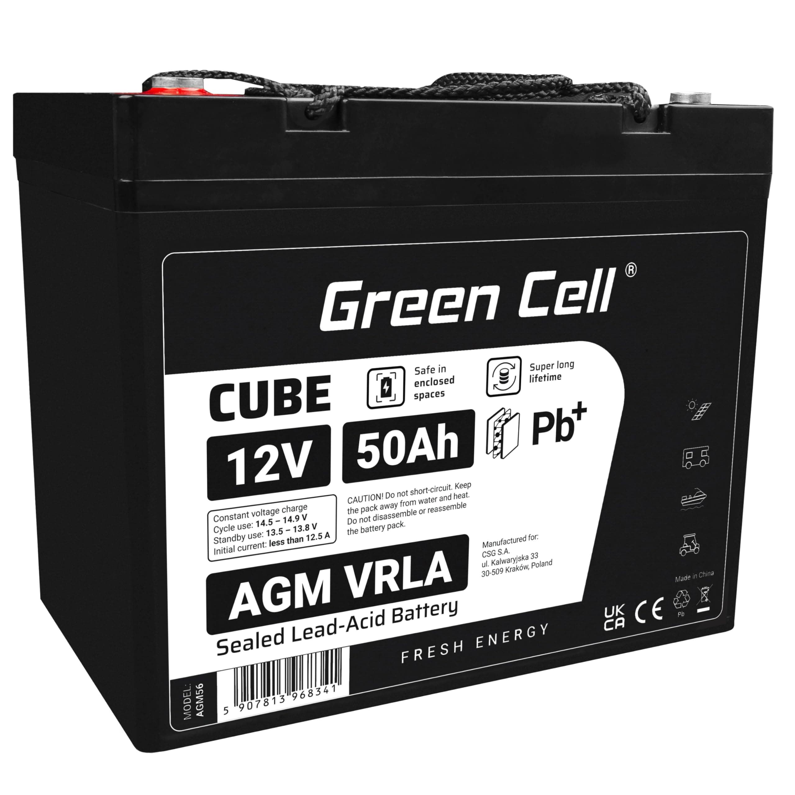 Green Cell® AGM 12V 50Ah Akku Vlies Batterie VRLA Blei Batterie Bleiakku Ersatzakku Akkubatterie Versorgungsbatterie Zyklenfest Wartungsfrei Caravan Camping Camper Solarpanel Solarbatterie 50Ah 12V