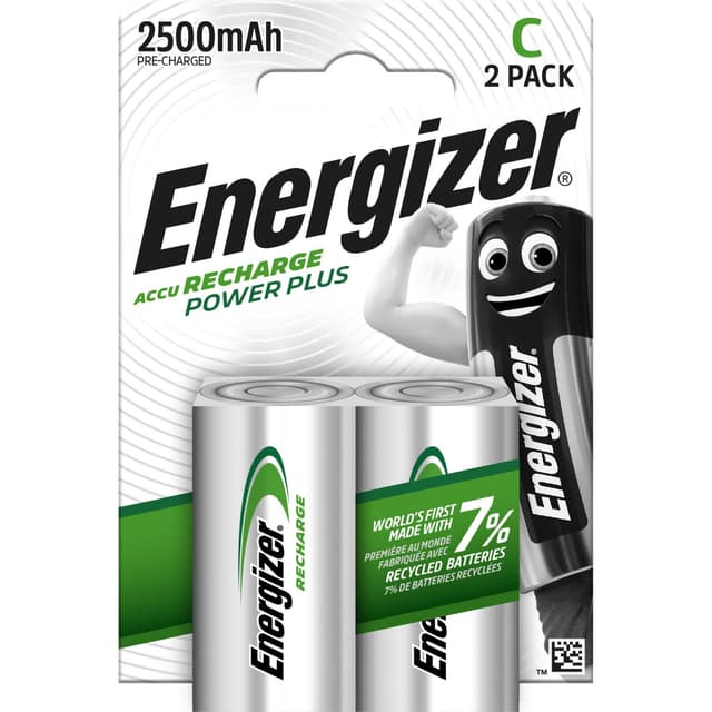 Energizer Recharge Power Plus - Batterien C wiederaufladbar (2 Stück) - 2500 mAh NiMH Akku - Bis zu 3 Jahre nutzbare Batterielebensdauer - 100% plastikfreie Recycelbar Verpackung C (2er Pack)