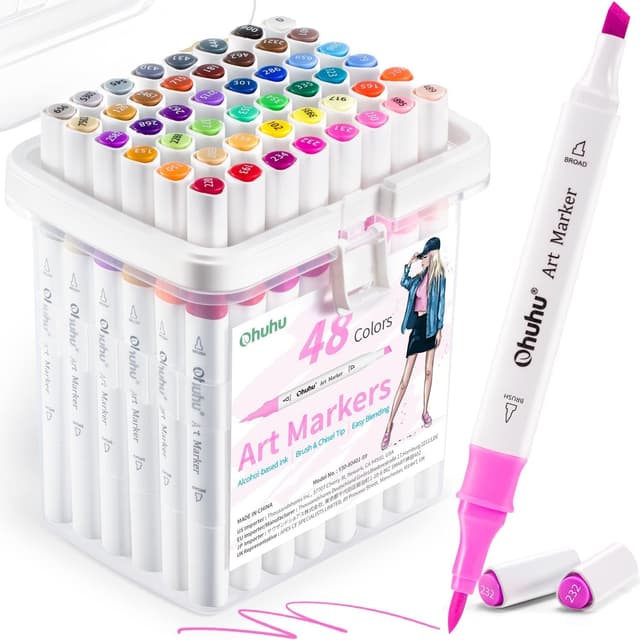 Ohuhu Pinselmarker auf Alkoholbasis, 48 Farben Pinsel & Meißel Doppelspitzen Permanent Marker für Künstler Erwachsene Anfänger Mode Cartoon Animation Malerei Skizzieren Ausmalen Illustration Design Illustration Töne
