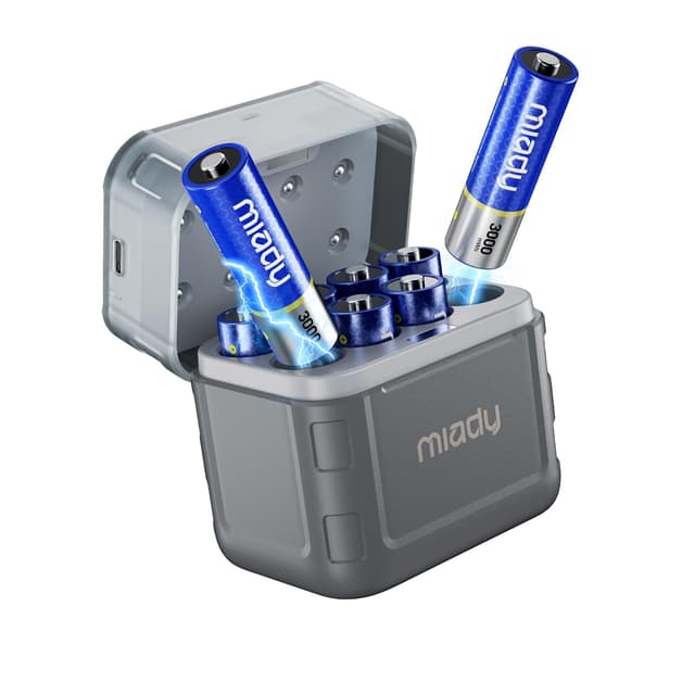 Miady Wiederauflabare Lithium Akkus AA 8-Pack mit Ladegerät, 3000mWh Hohe Kapazität 1.5V AA Batterien, 2000 Zyklen wiederauflabare AA Li-Lion Akku mit Integrierter Charing Aufbewahrungbox