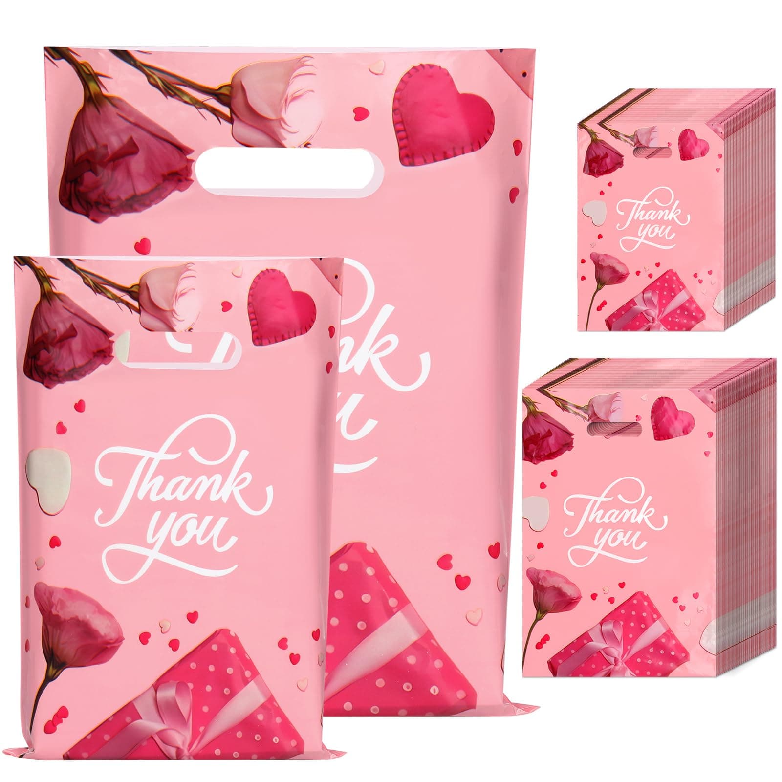 NAHRMY 100 Stück Merchandise Einkaufstüten Plastik Geschenktüten, 2 Größen Rosa Dankeschön Warentaschen Plastiktüten für Kleine Unternehmen Hochzeit Partytüten 100 Stück Rosa