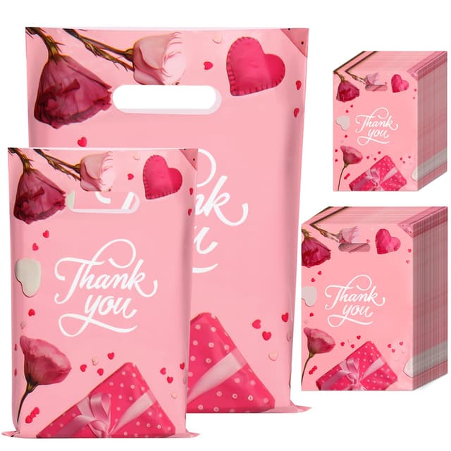NAHRMY 100 Stück Merchandise Einkaufstüten Plastik Geschenktüten, 2 Größen Rosa Dankeschön Warentaschen Plastiktüten für Kleine Unternehmen Hochzeit Partytüten 100 Stück Rosa