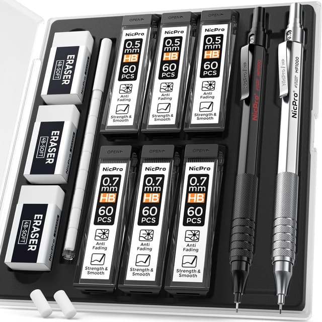 Nicpro MP1000 Druckbleistifte, 0,5 mm und 0,7 mm, mit Etui, Metall-Künstlerbleistift-Set mit 6 Tuben HB-Mine Nachfüllminen, 3 Radiergummis, 9 Radiergummi-Nachfüllungen für Kunstschreiben, Zeichnen, Silber+Schwarz