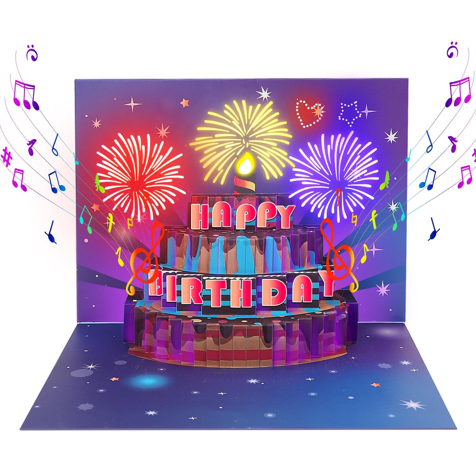 Cardaros Happy Birthday Geburtstagskarte,Pop Up Kuchen Geburtstagskarten mit Musik und Licht 3D Feuerwerk Karte Geburtstag Geschenke für Frau Männer Freundin, Lila Lila 90°