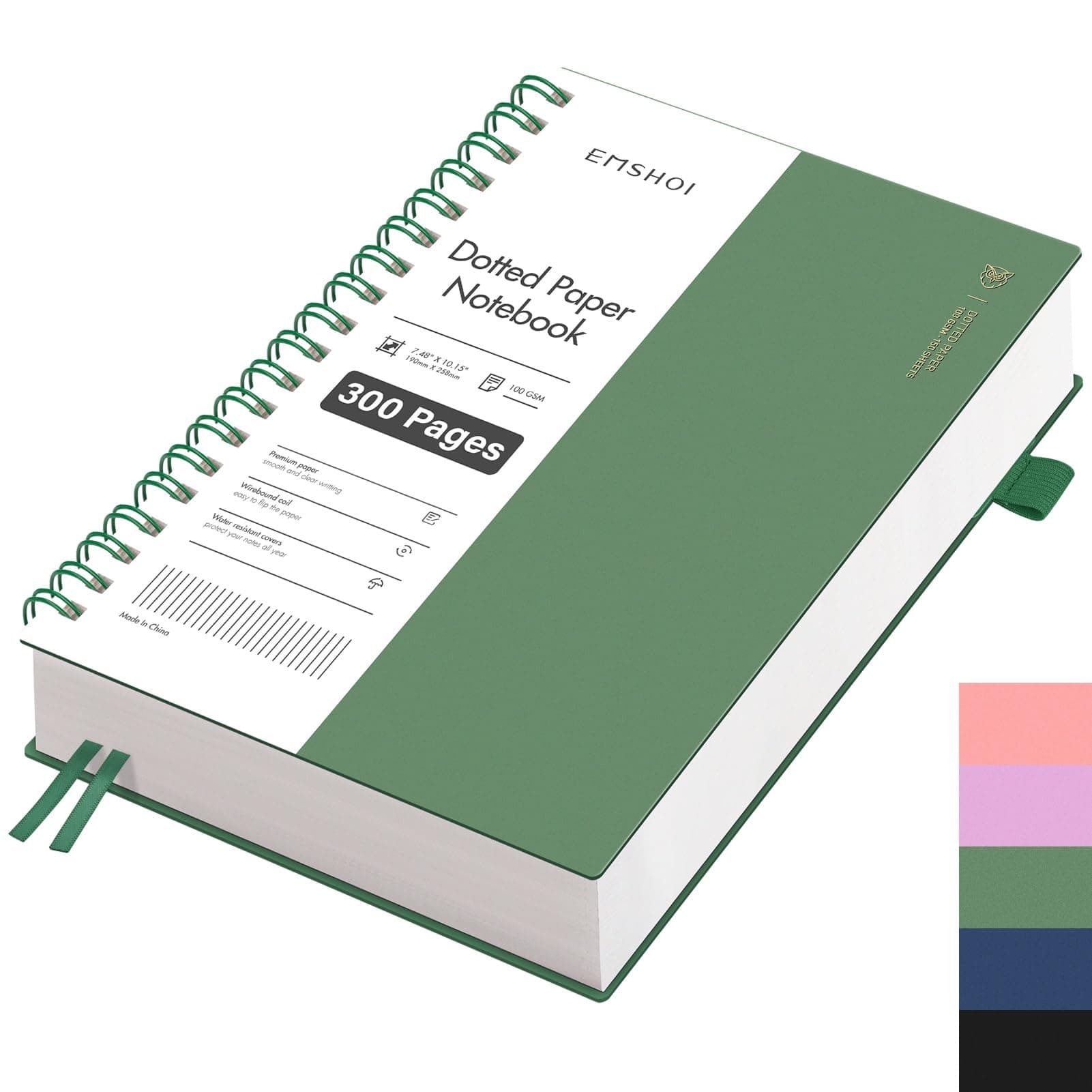 EMSHOI B5 Notizblock, Bullet Dotted Journal, Spiral-Notizbücher 300 Seiten/150 Blatt, 100 gsm Punktrasterpapier, PVC Hardcover, für Damen, Herren, Büro, Schule, Schreiben, 19 x 25 cm - Tintengrün Tintengrün B5