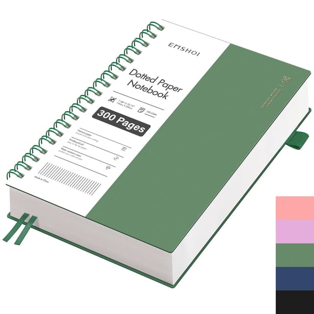 EMSHOI B5 Notizblock, Bullet Dotted Journal, Spiral-Notizbücher 300 Seiten/150 Blatt, 100 gsm Punktrasterpapier, PVC Hardcover, für Damen, Herren, Büro, Schule, Schreiben, 19 x 25 cm - Tintengrün Tintengrün B5