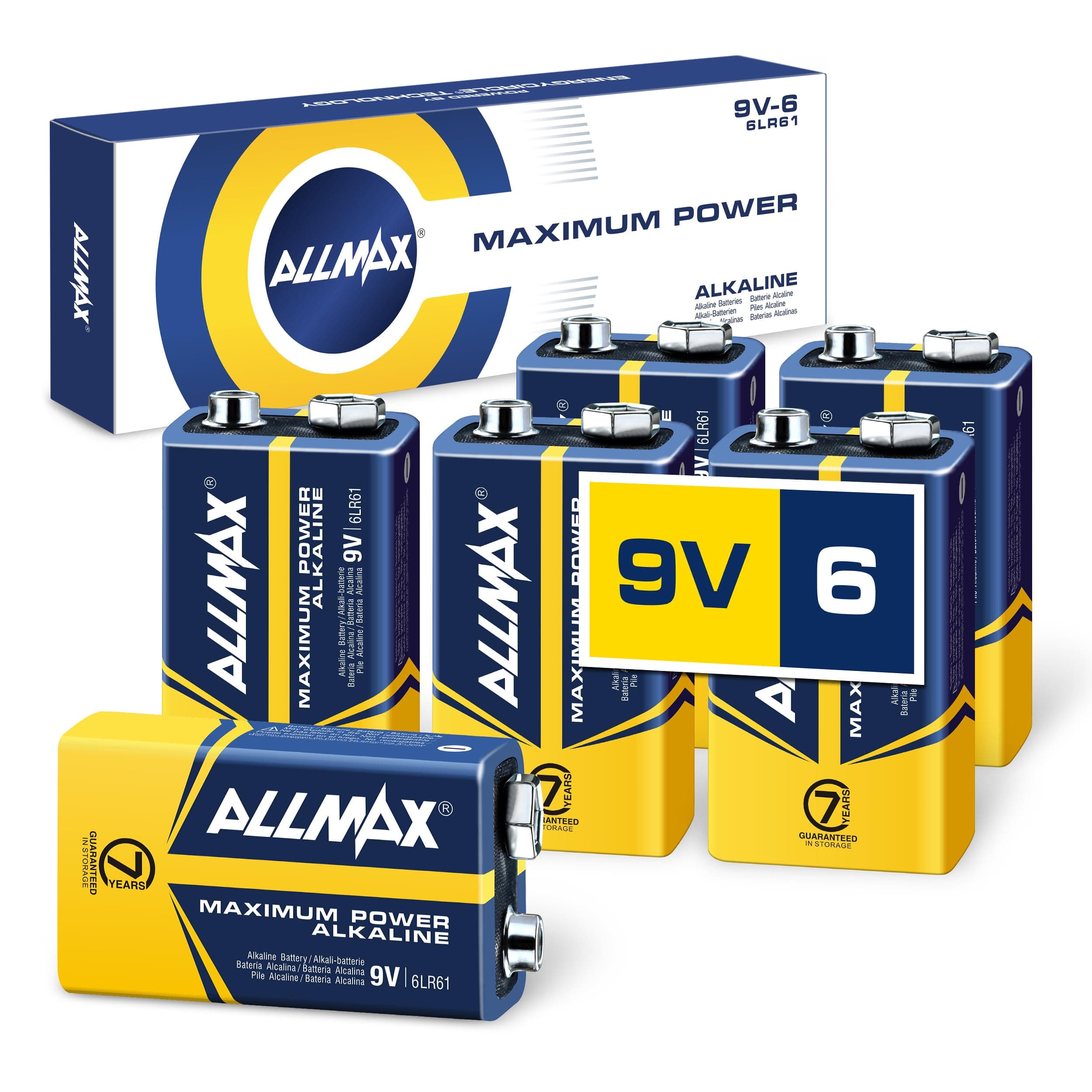 Allmax 9V Block (6LR61) Maximum Power Alkaline-Batterien (6 Stück) - Ultra-langlebig, 7 Jahre Haltbarkeit, auslaufsicheres Design - perfekt für Rauchmelder und kabellose Mikrofone (9 Volt) 6 Count (Pack of 1)