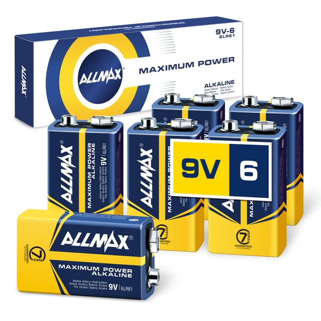 Allmax 9V Block (6LR61) Maximum Power Alkaline-Batterien (6 Stück) - Ultra-langlebig, 7 Jahre Haltbarkeit, auslaufsicheres Design - perfekt für Rauchmelder und kabellose Mikrofone (9 Volt) 6 Count (Pack of 1)