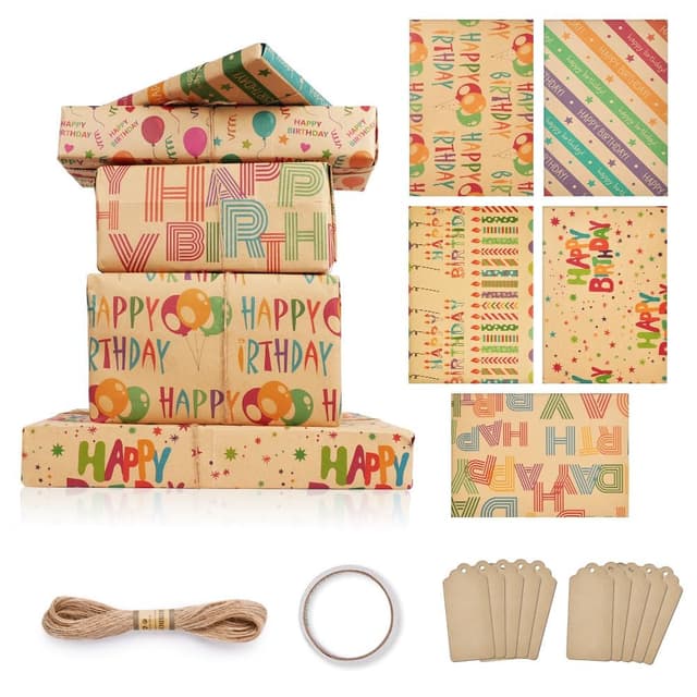 OFFCUP Nachhaltiges Geschenkverpackung Papier, Öko Kraft Geschenk Papier, 5 Blatt 70 * 50 cm braunes gefaltetes Papier mit Jutesaiten 10 Geschenkanhänger und 1 Rolle doppelseitiges Klebeband Ballonkerze