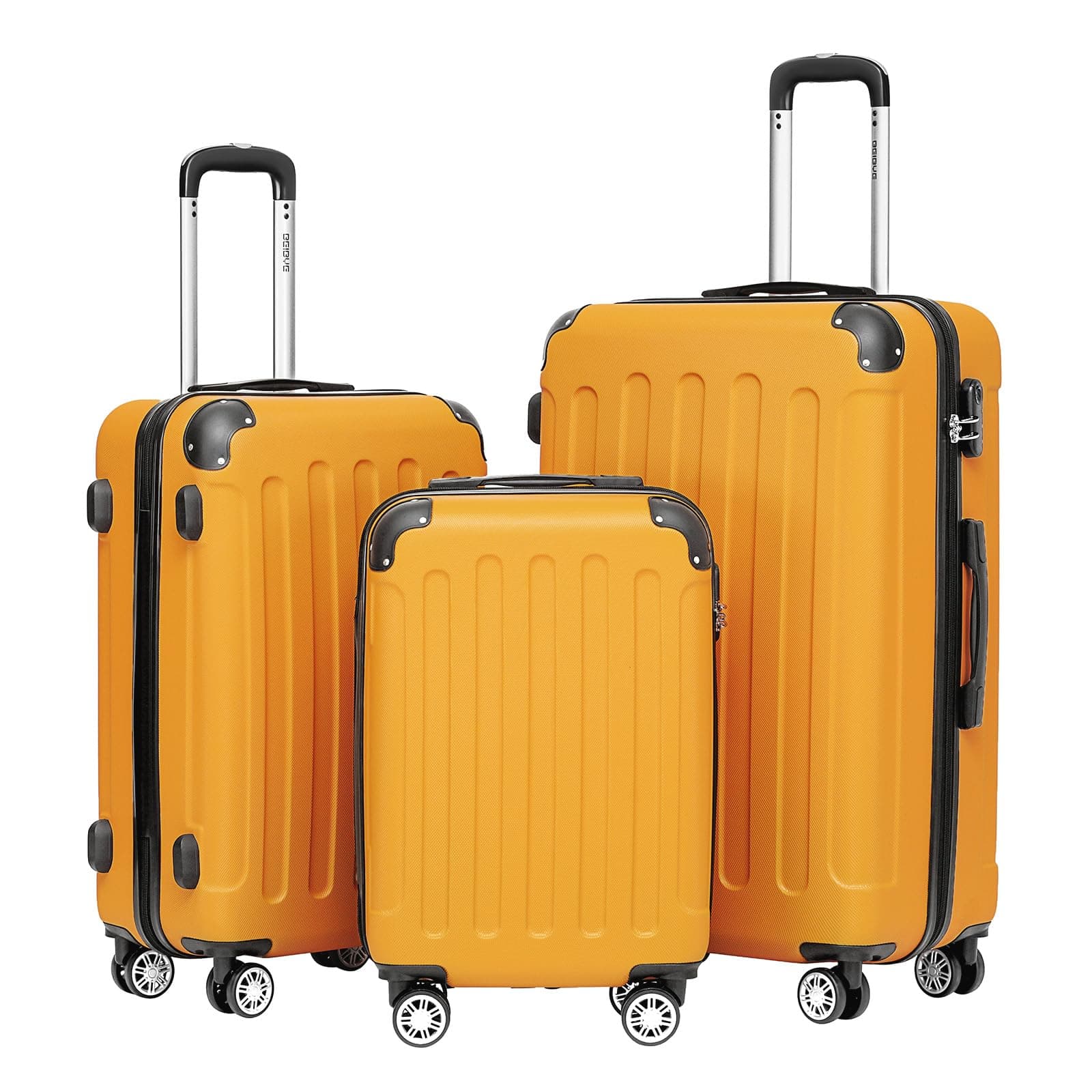 BEIBYE Hartschalen-Koffer Trolley Rollkoffer Reisekoffer Sicherheit Zahlenschloß Zwillingsrolle ABS Material Handgepäck 4 Rollen (M-L-XL-Set) (Orangen, Set)