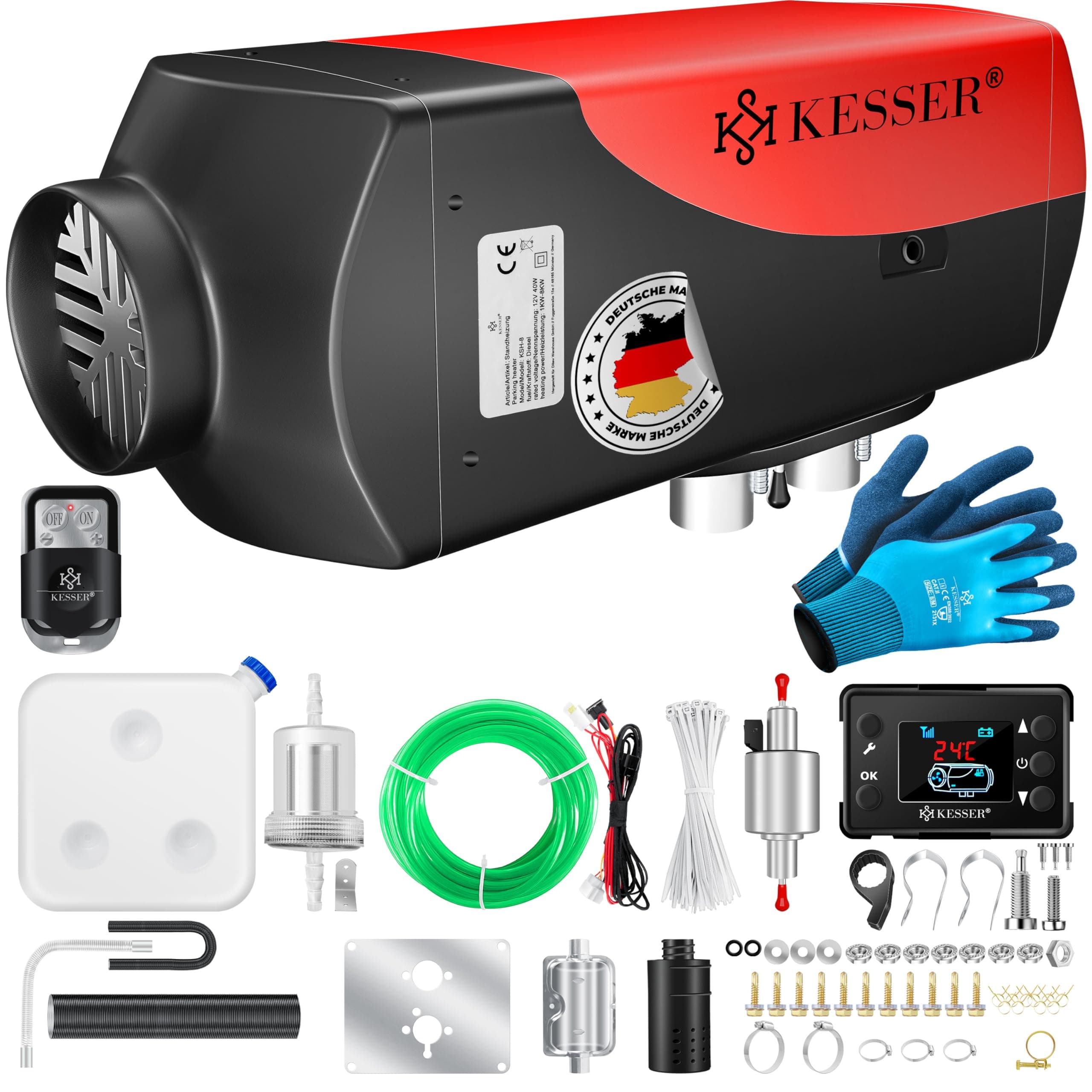 KESSER® Standheizung Diesel 8kW Dieselheizung 12V/24V mit Timer, LCD-Display & Fernbedienung | Schnelles Aufheizen | Lufterhitzer mit Schalldämpfer & Thermostat (Rot, 8KW) Schwarz / Rot 8KW