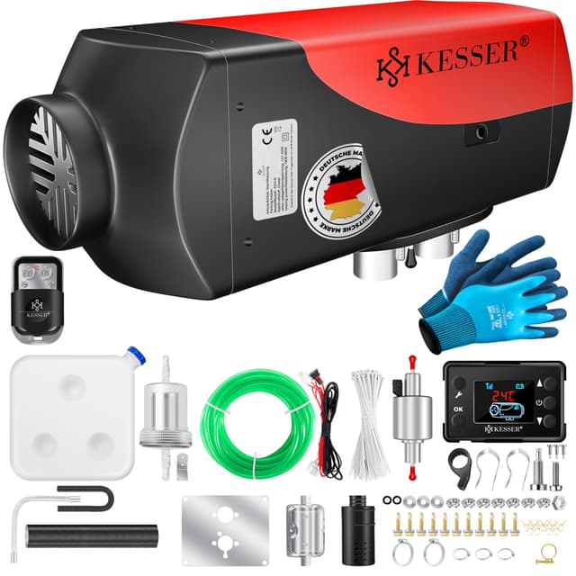KESSER® Standheizung Diesel 8kW Dieselheizung 12V/24V mit Timer, LCD-Display & Fernbedienung | Schnelles Aufheizen | Lufterhitzer mit Schalldämpfer & Thermostat (Rot, 8KW) Schwarz / Rot 8KW