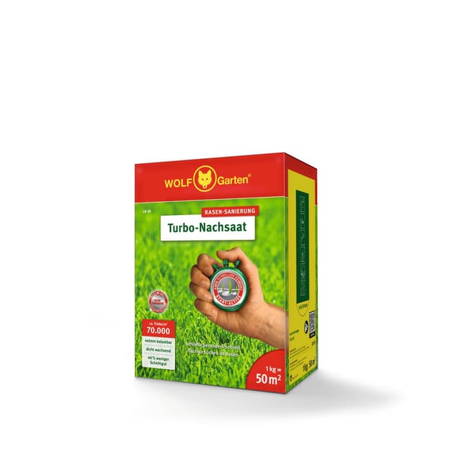 WOLF-Garten Turbo-Nachsaat zur Rasensanierung LR50 (für 50 m2, hohe Dichte mit ca. 70.000 Trieben/m2, für alle Rasentypen geeignet, mit WOLF-Garten Keimgarantie, im 1kg Karton) 3826031 50 m² Single Single
