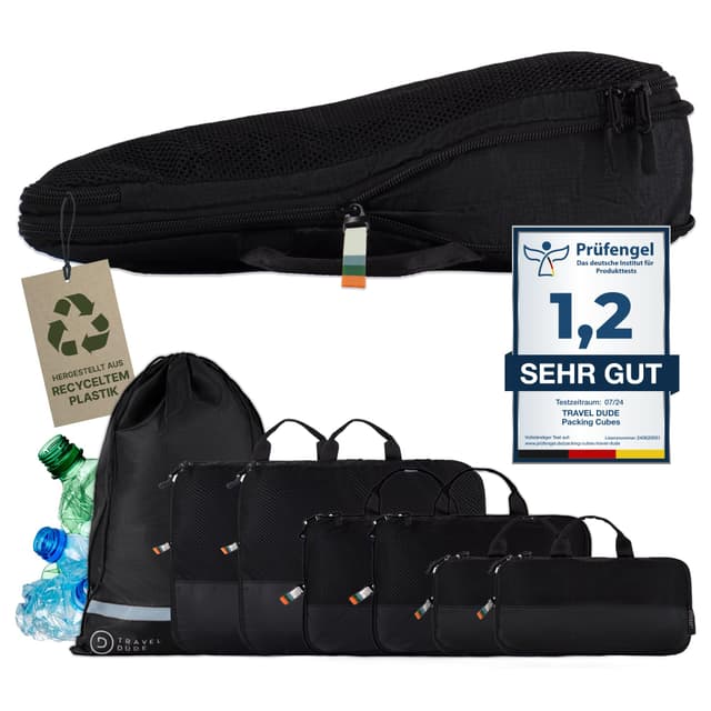 TRAVEL DUDE Packwürfel Set mit Kompression aus recycelten Plastikflaschen | Leichte Packing Cubes | Packtaschen Set für Rucksack & Koffer Schwarz 7-teiliges Set