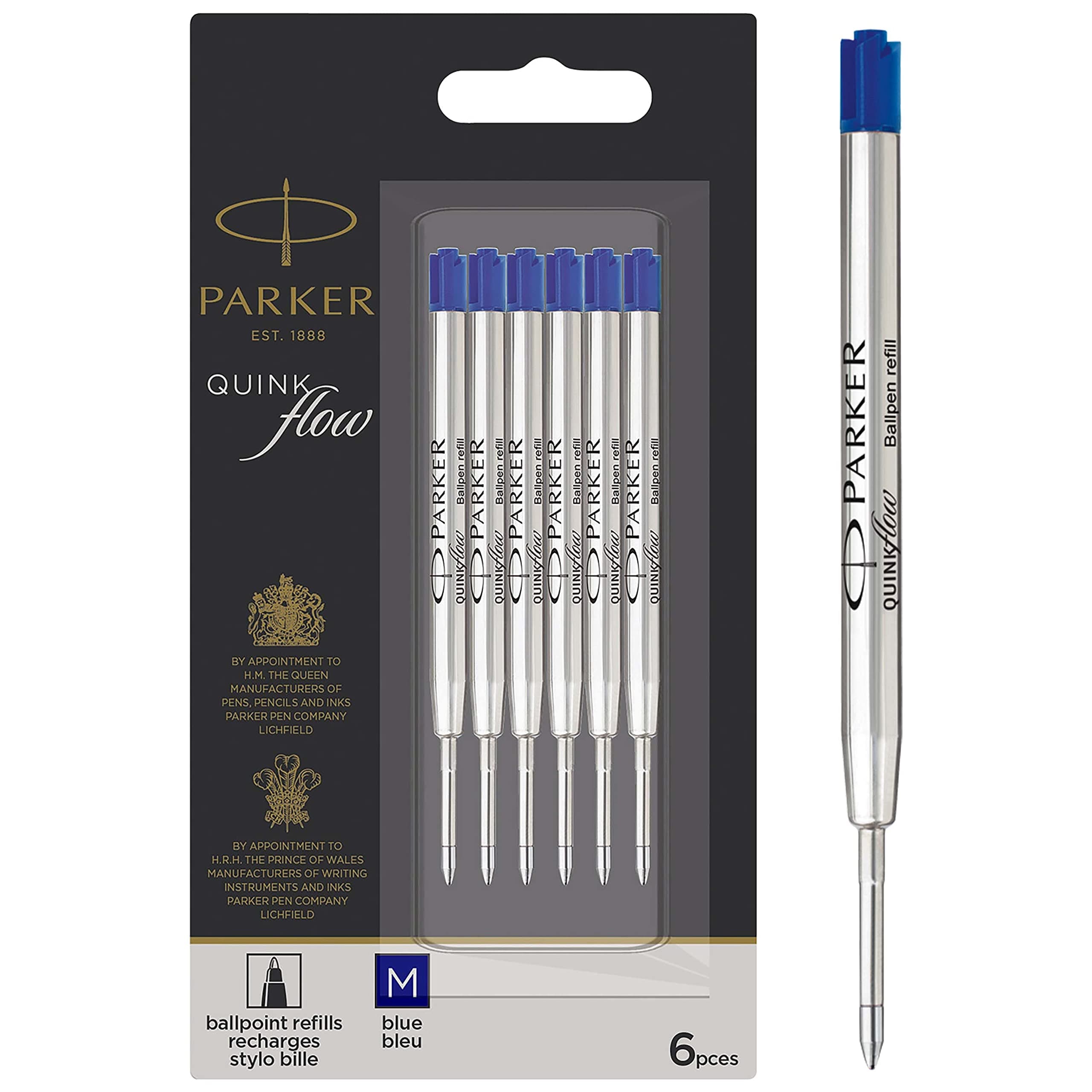 Parker Ballpoint Pen Refills | Medium Point | Blue QUINKflow Ink | 6 Count Value Pack Packung mit 6 Blau