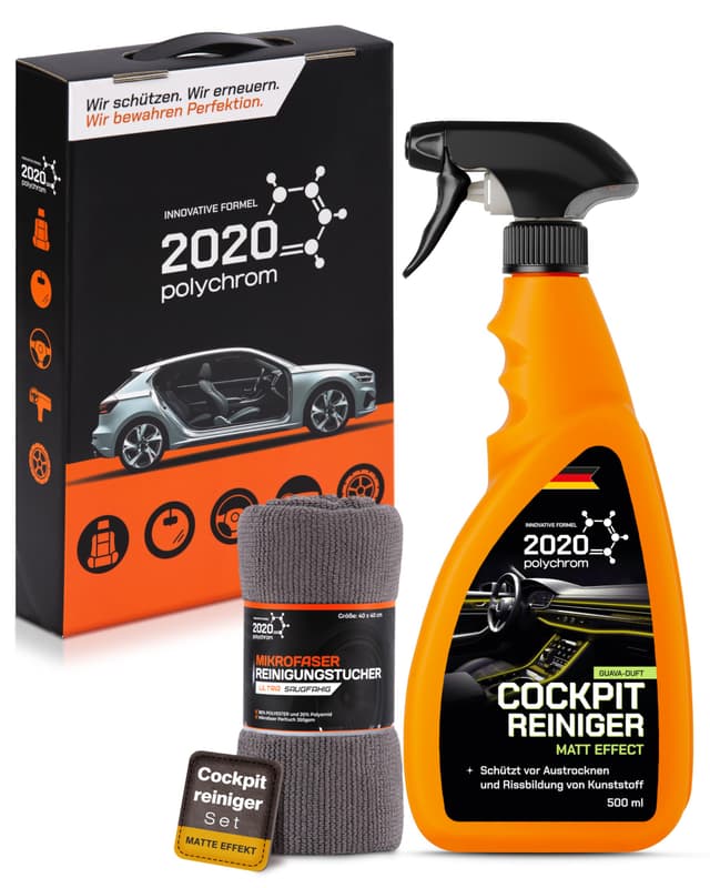 2020 Polychrom Cockpitpflege Auto Set – Cockpitreiniger pH-neutral mit Matte Effekt & Mikrofaser – Kunststoffreiniger für Armaturenbrett & Innenraum – Cockpitspray ohne Streifen mit Guave-Duft Matte_Guava_SET