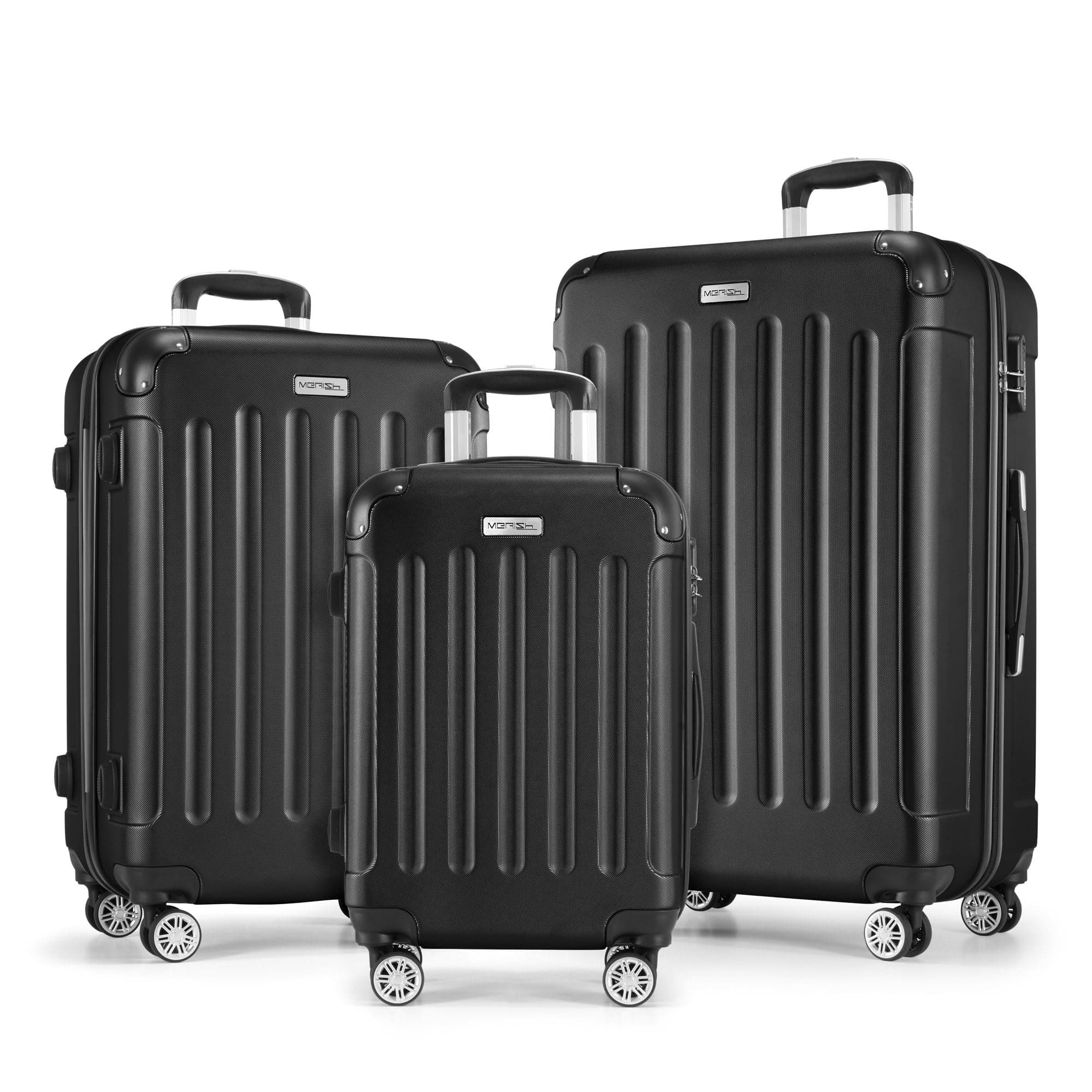 MERISH Reisekoffer Koffer Kofferset Trolleys Zwillingsrollen 3tlg. Hartschale in 9 Farben (Black, Set) Schwarz Set