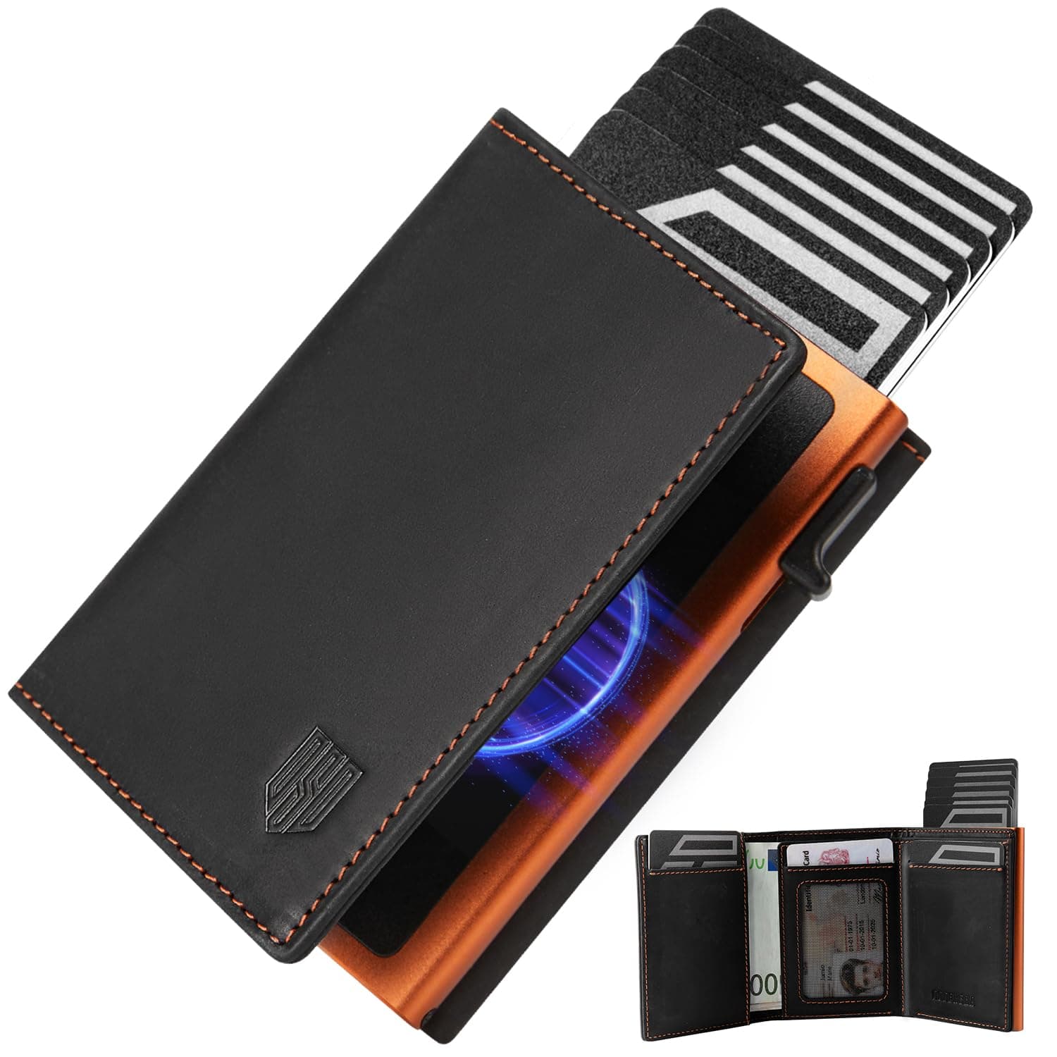 DODENSHA MagSnap Portmonee Herren I Slim Wallet mit Münzfach I Kreditkartenetui Geldbeutel für 10+ Karten I Magnetischer Verschluss Geldbörse Herren I RFID Schutz I SchwarzOrange