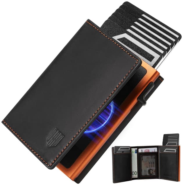 DODENSHA MagSnap Portmonee Herren I Slim Wallet mit Münzfach I Kreditkartenetui Geldbeutel für 10+ Karten I Magnetischer Verschluss Geldbörse Herren I RFID Schutz I SchwarzOrange
